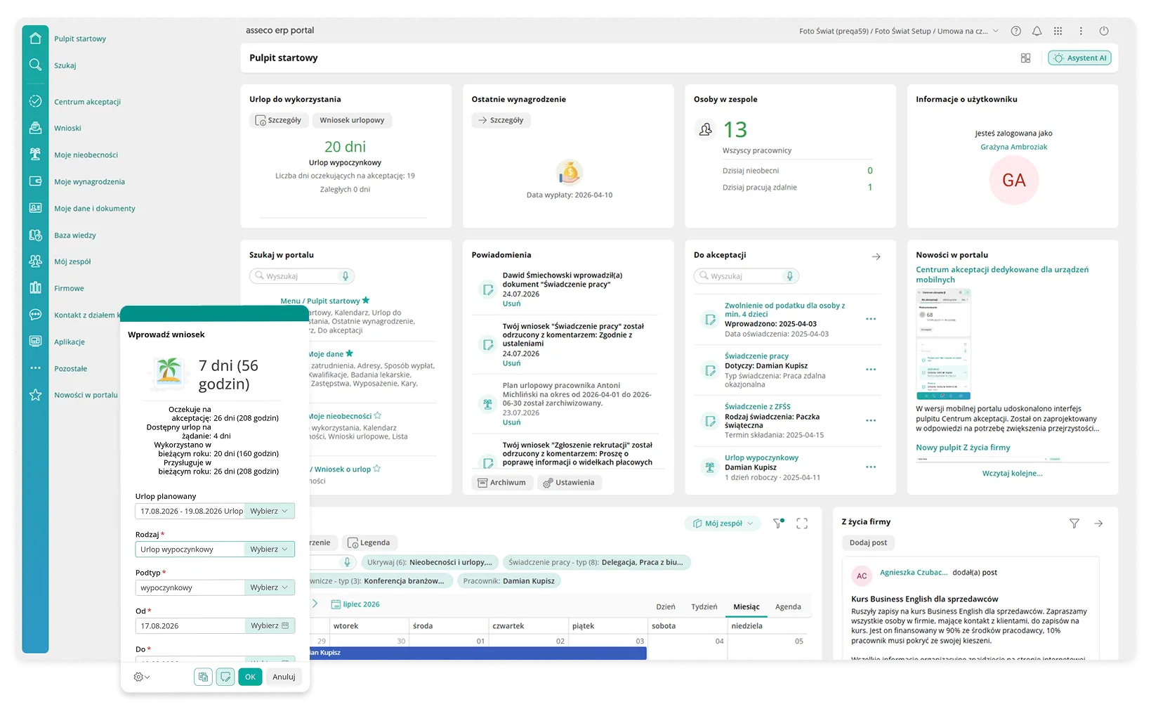 Portal HR w systemach Asseco HR - pulpit w przeglądarce i wniosek urlopowy w aplikacji mobilnej