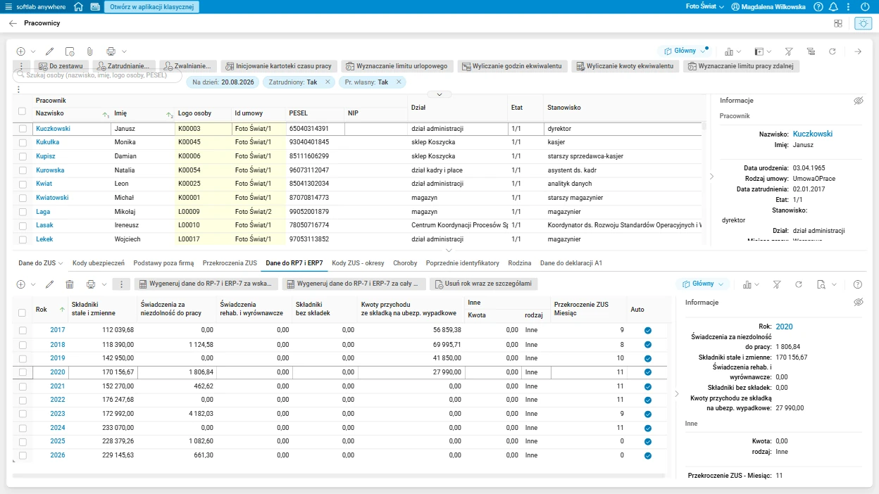 Asseco HR (Asseco Softlab ERP) - kartoteka pracowników z historią zatrudnienia: rodzaj umowy, data zatrudnienia, stanowisko i operacje na kartotece czasu pracy