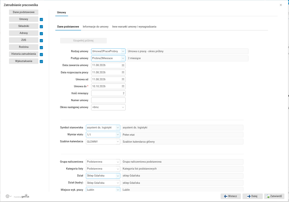 Asseco HR (Asseco Softlab ERP) - okno procedury zatrudnienia pracownika